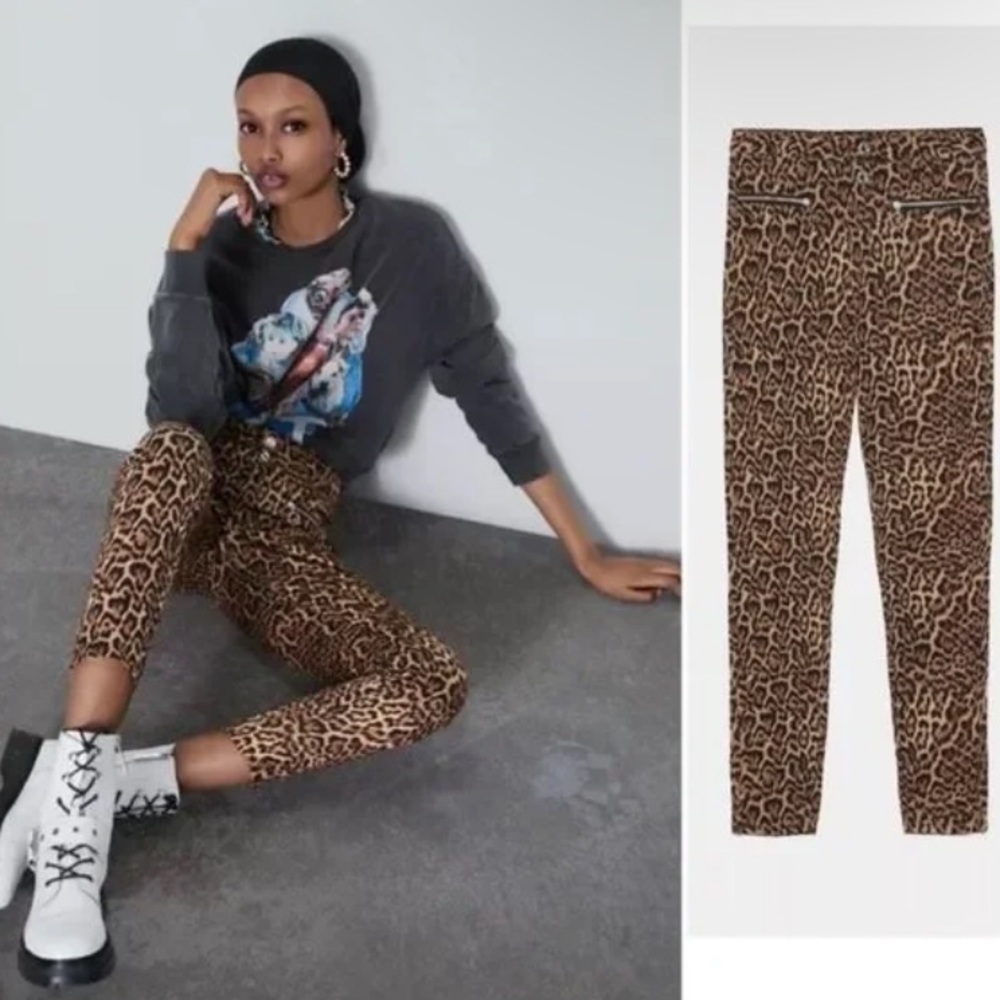 NWT Zara Brown Leopard Print Mid Rise Zipper Pockets Pants Size 4